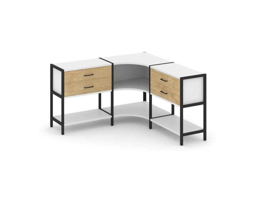 Трехсекционный угловой стеллаж двухярусный с ящиками 1590х1590х879 Шелф Систем / Shelf System