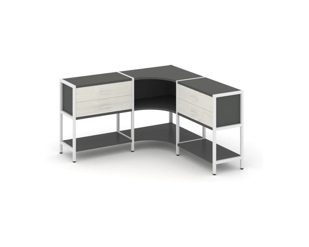 Трехсекционный угловой стеллаж двухярусный с ящиками 1590х1590х879 Шелф Систем / Shelf System