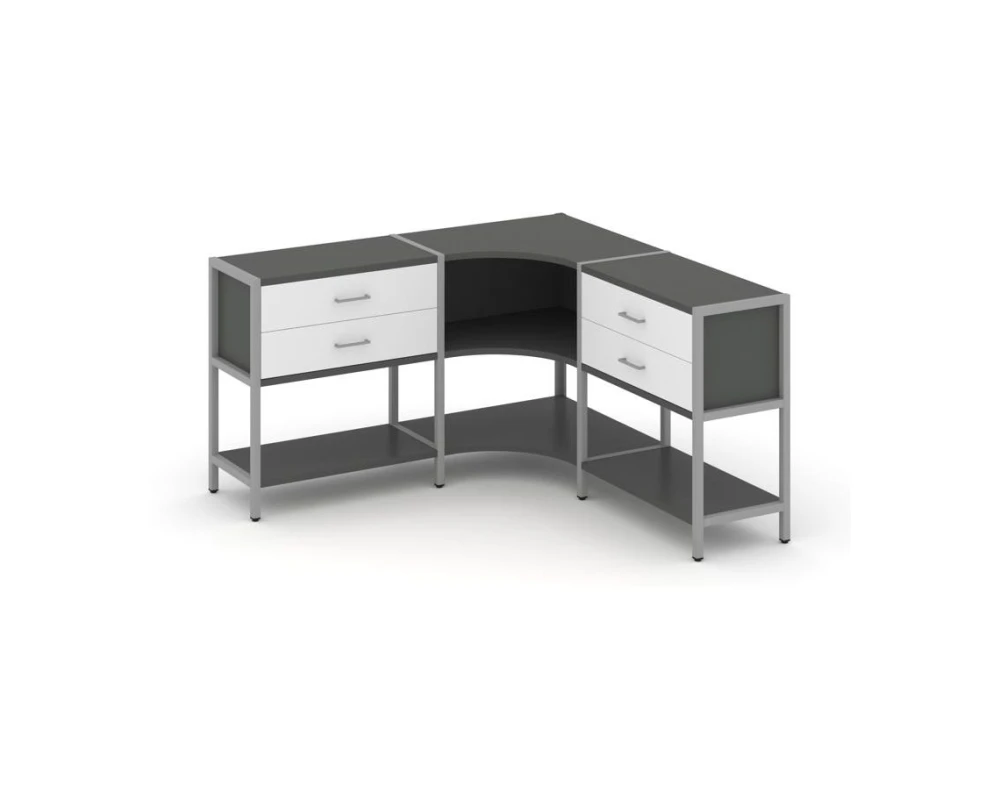 Трехсекционный угловой стеллаж двухярусный с ящиками 1590х1590х879 Шелф Систем / Shelf System