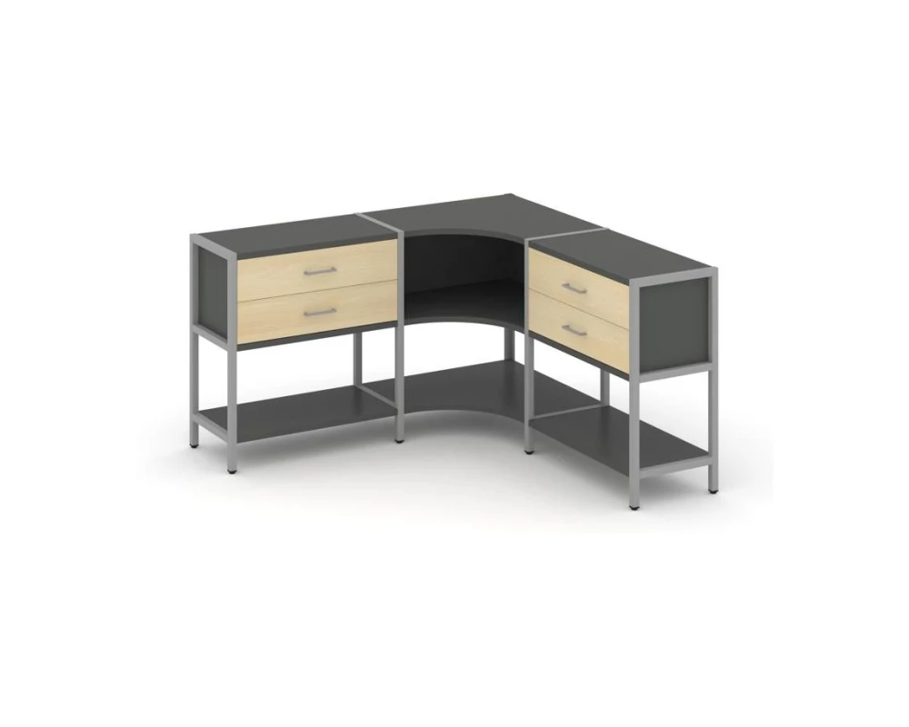 Трехсекционный угловой стеллаж двухярусный с ящиками 1590х1590х879 Шелф Систем / Shelf System