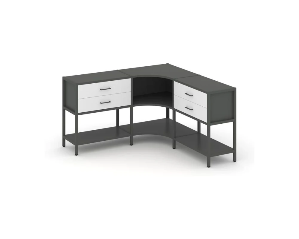 Трехсекционный угловой стеллаж двухярусный с ящиками 1590х1590х879 Шелф Систем / Shelf System